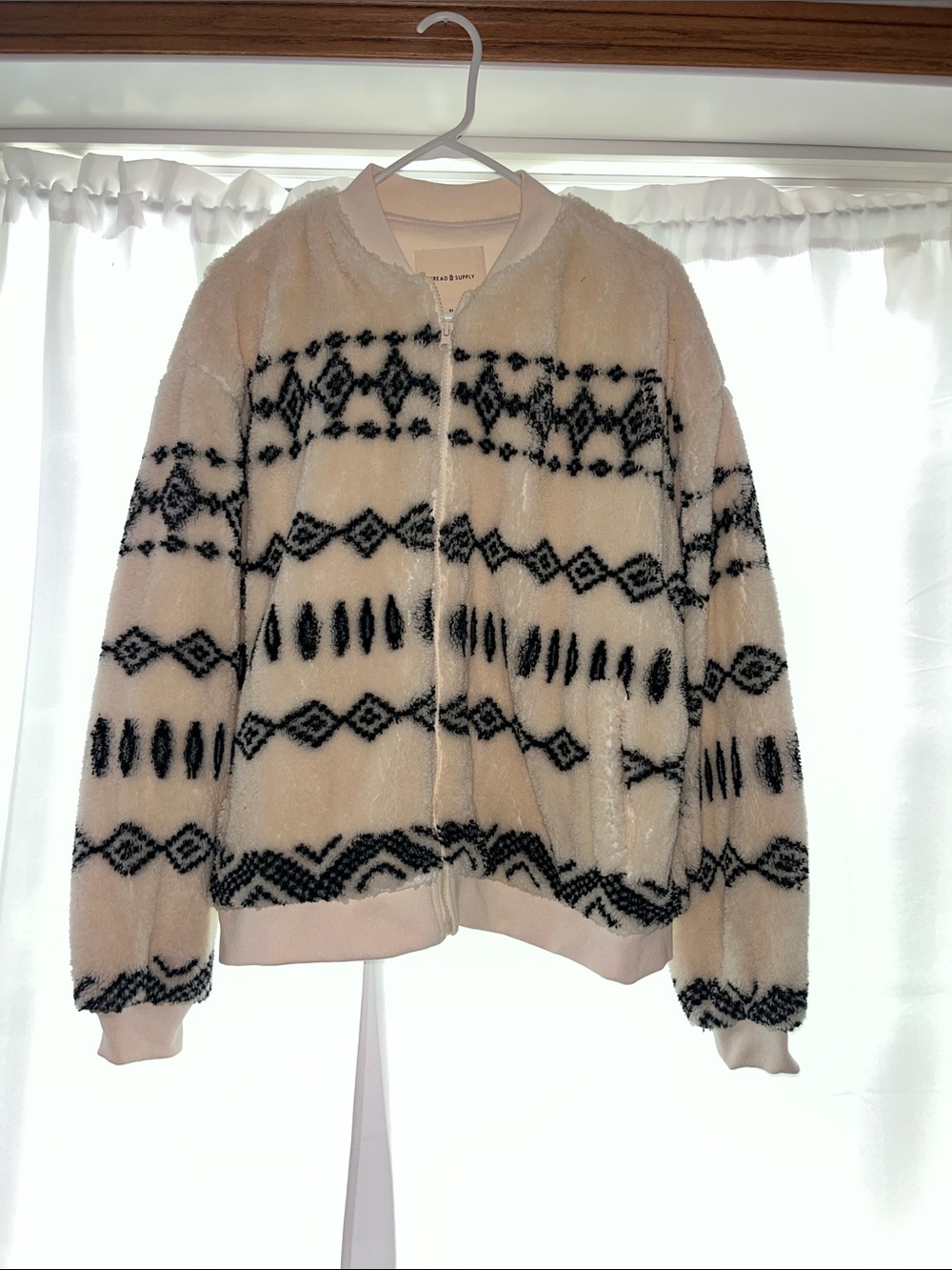 Thread & Supply Ivory Fleece Bomber with Black Geometric Print